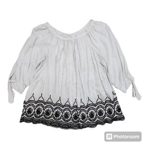 John Paul Richard Top Women's 2X Striped Embroidered Boho Blouse Black & White